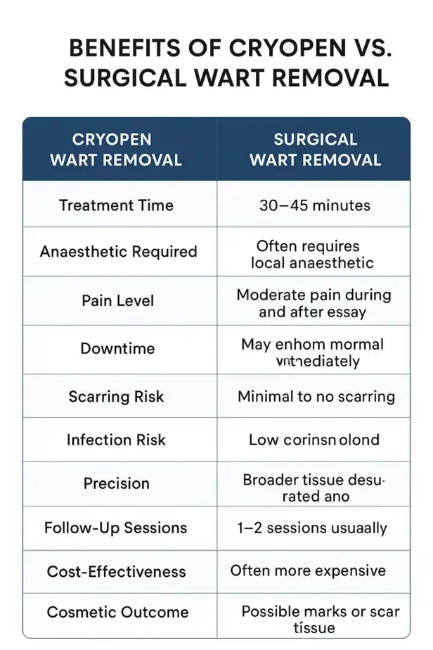 Table showing the benefits of cryopen to remove warts Greenwich compared to surgical treatment